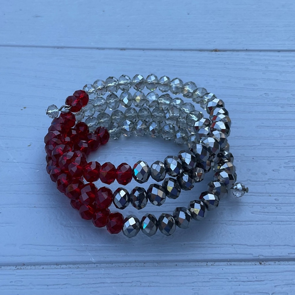 Memory Wire Cuff Bracelet Red Gray Clear translucent beads